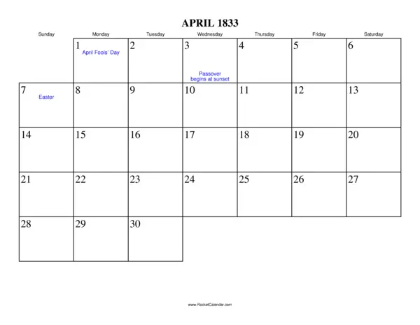 April 1833 Calendar