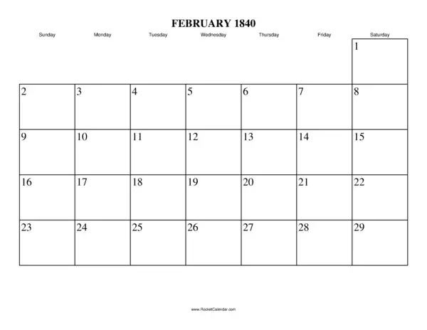 February 1840 Calendar