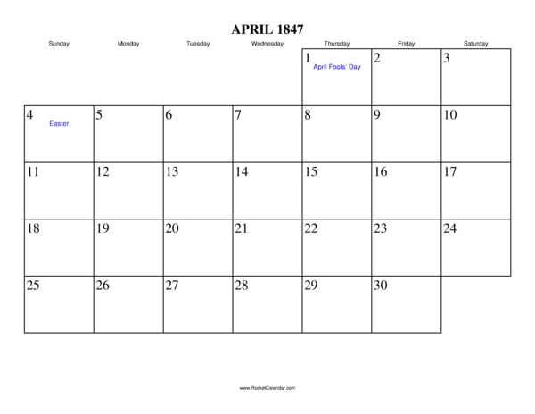 April 1847 Calendar