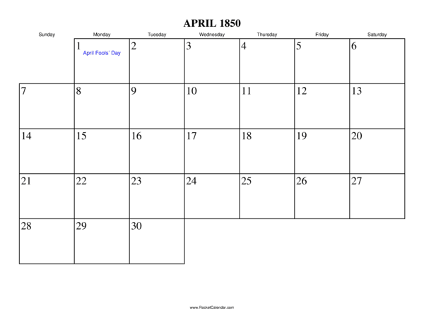 April 1850 Calendar