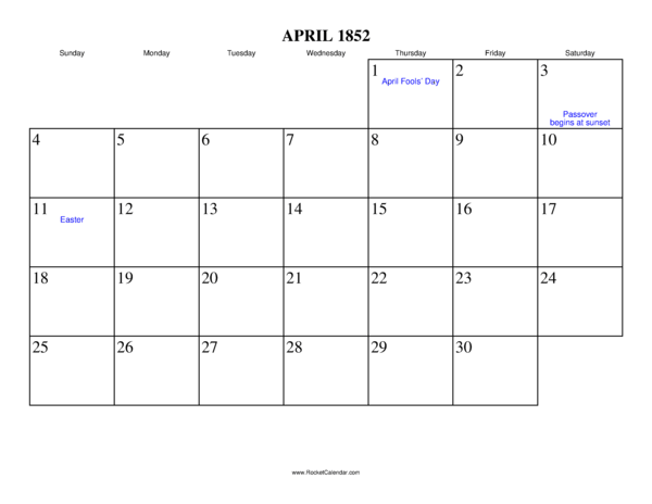 April 1852 Calendar