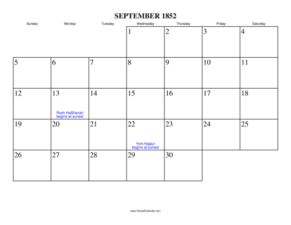 September 1852 Calendar