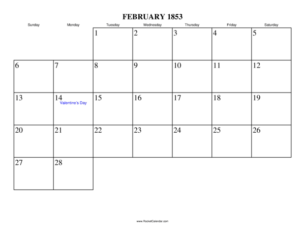 February 1853 Calendar