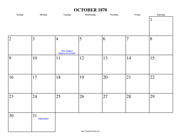 October 1870 Calendar