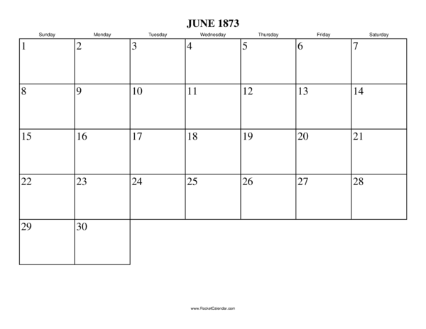 June 1873 Calendar