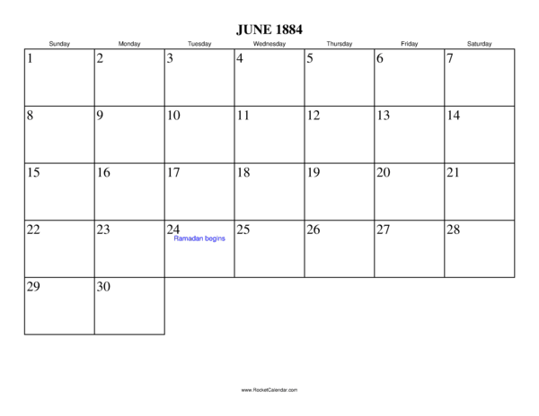June 1884 Calendar