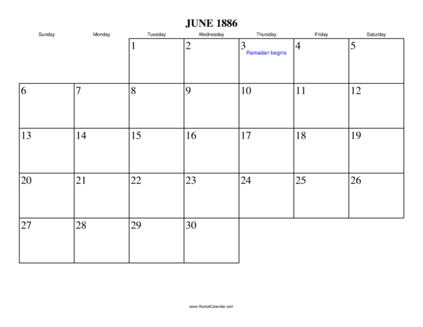 June 1886 Calendar