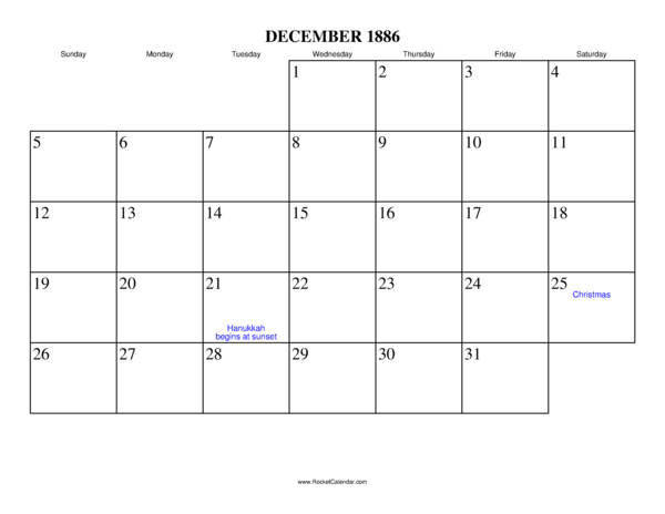 December 1886 Calendar