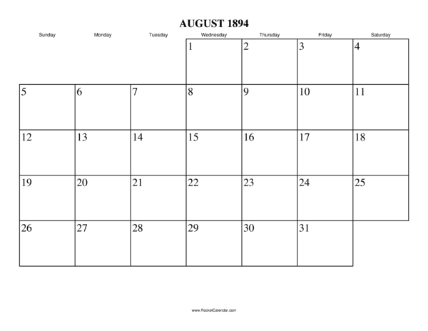 August 1894 Calendar
