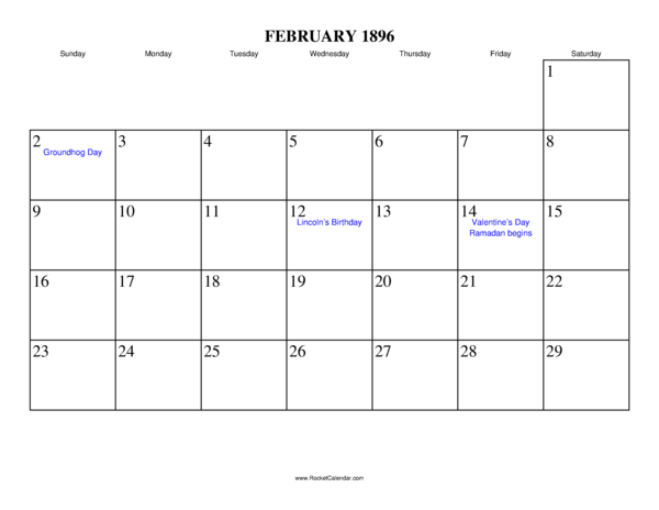 February 1896 Calendar