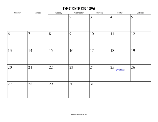 December 1896 Calendar