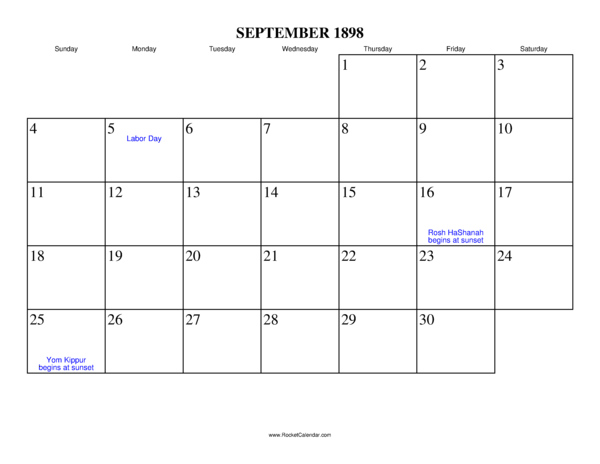 September 1898 Calendar