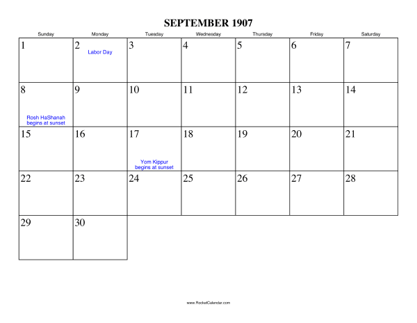 September 1907 Calendar