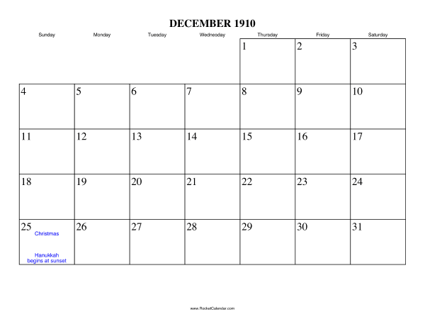 December 1910 Calendar