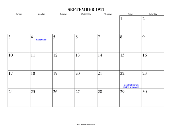 September 1911 Calendar