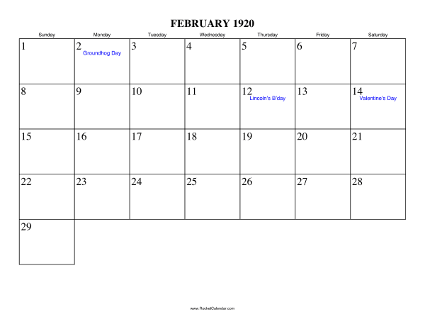 February 1920 Calendar