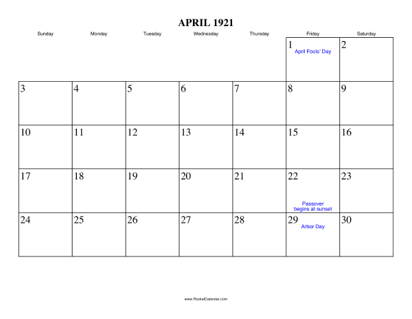 April 1921 Calendar
