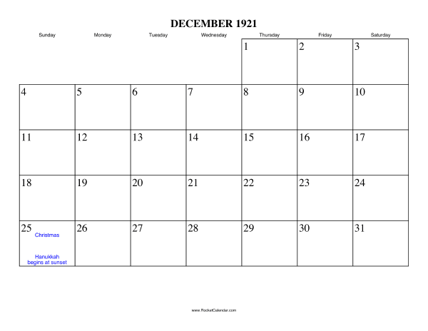 December 1921 Calendar