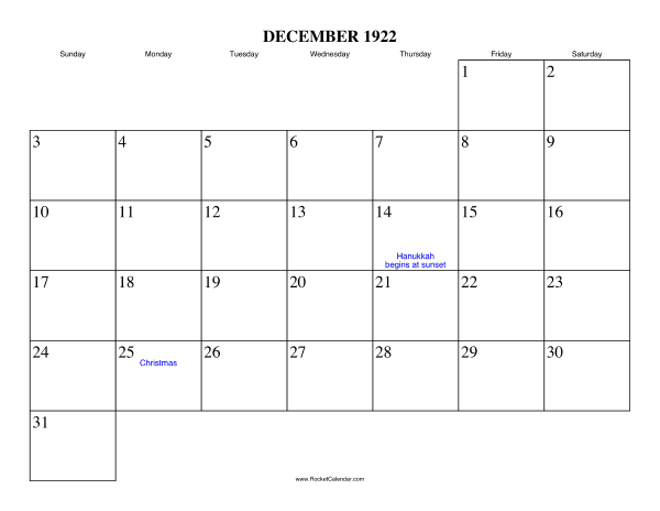 December 1922 Calendar