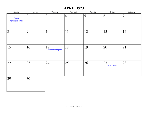 April 1923 Calendar