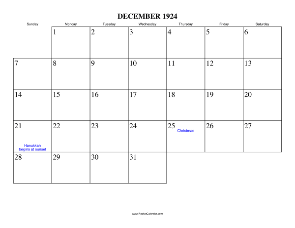 December 1924 Calendar