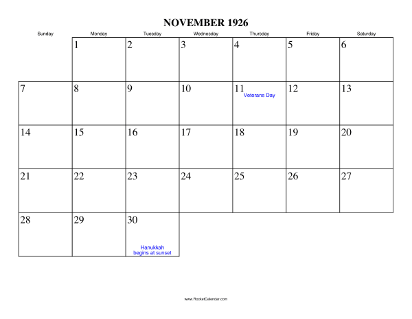 November 1926 Calendar