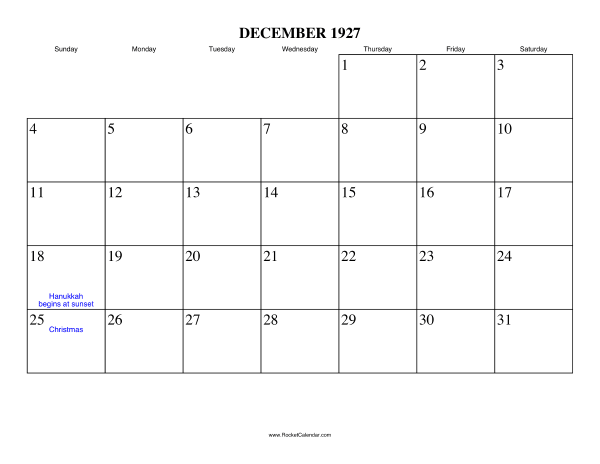 December 1927 Calendar