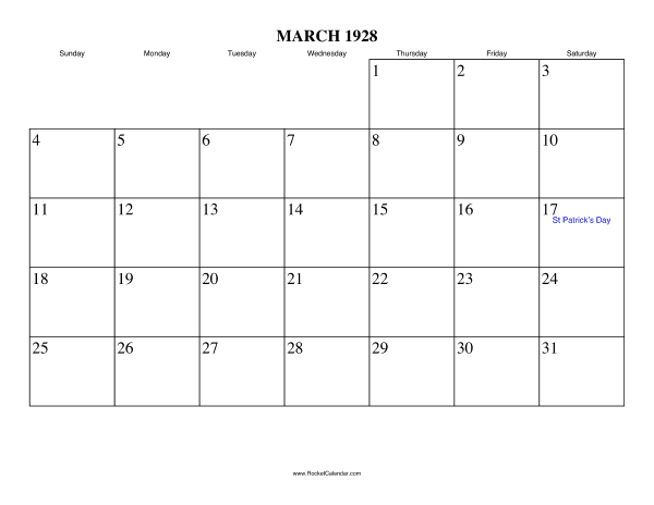 March 1928 Calendar