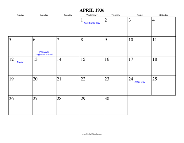 April 1936 Calendar