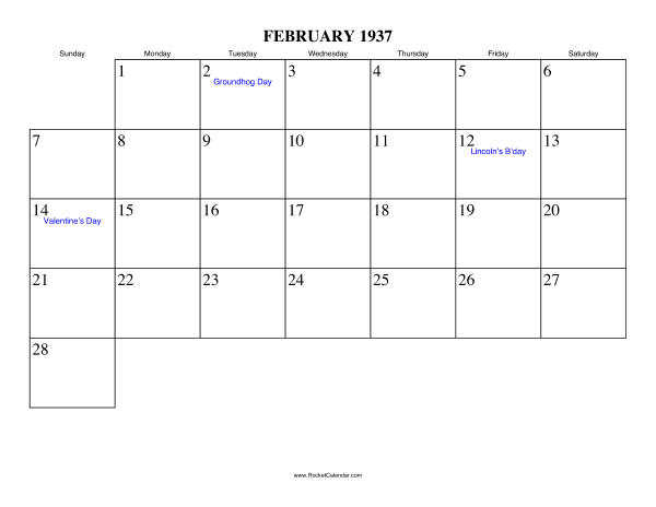February 1937 Calendar