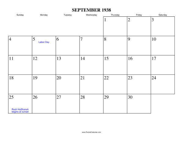 September 1938 Calendar