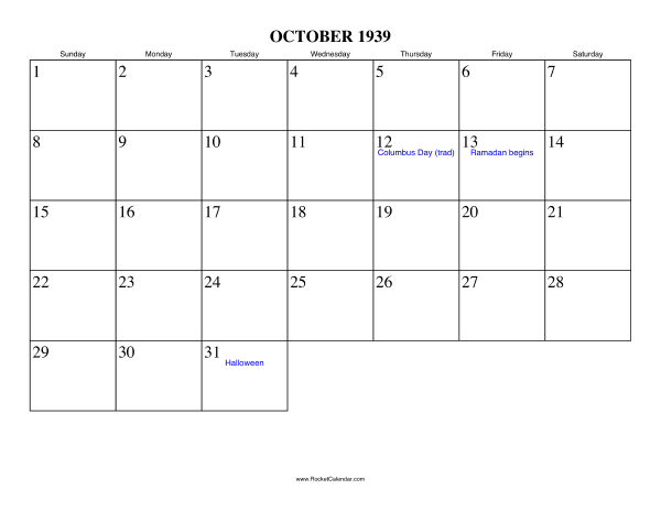 October 1939 Calendar
