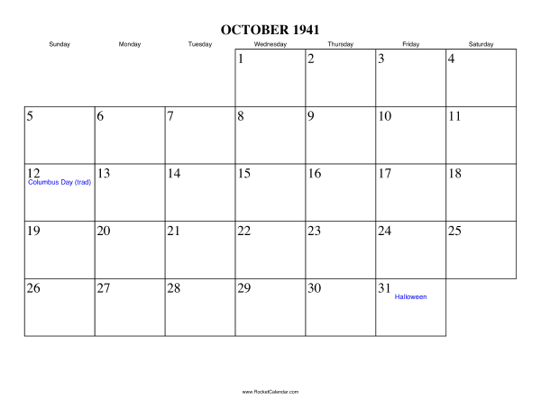 October 1941 Calendar