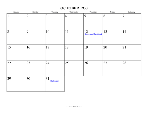 October 1950 Calendar