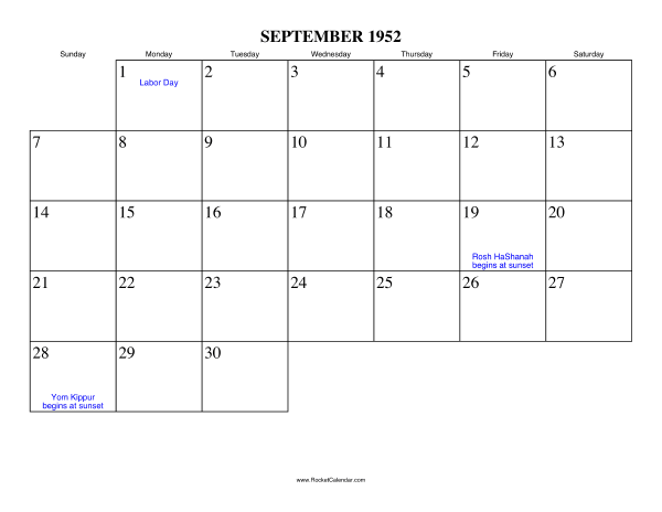 September 1952 Calendar September 1952 Calendar