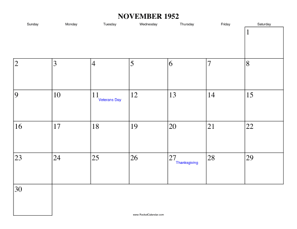 November 1952 Calendar November 1952 Calendar