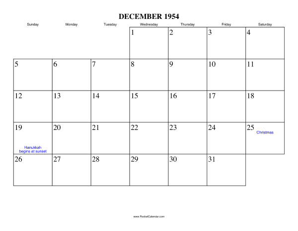 December 1954 Calendar