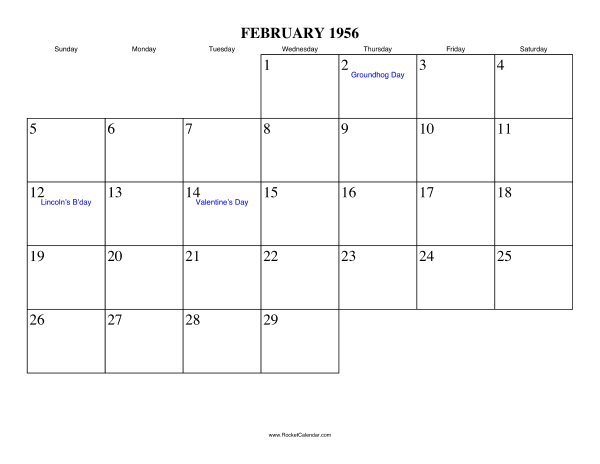 February 1956 Calendar