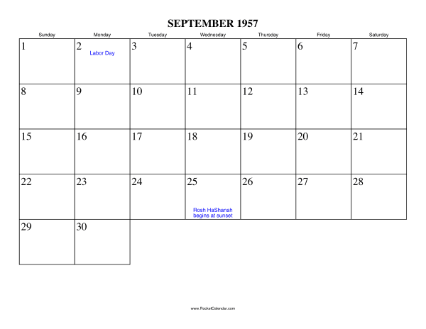 September 1957 Calendar