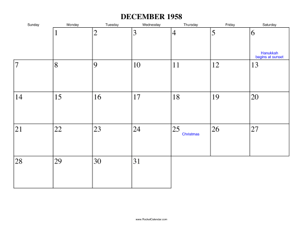 December 1958 Calendar