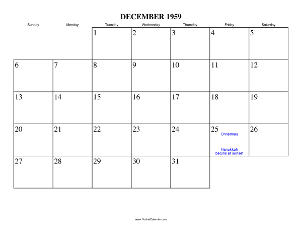 December 1959 Calendar