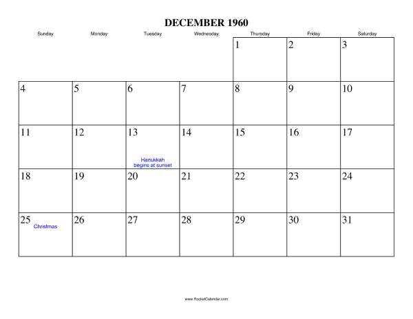 December 1960 Calendar