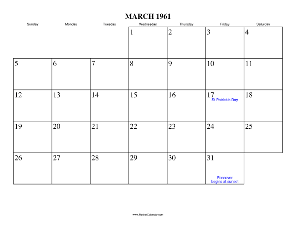 March 1961 Calendar