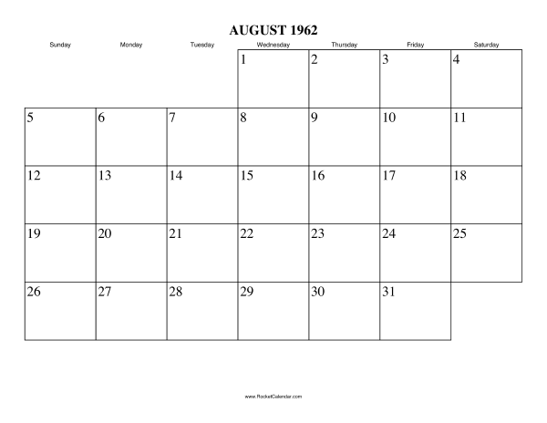 August 1962 Calendar August 1962 Calendar