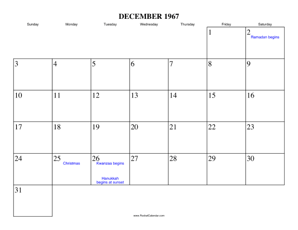December 1967 Calendar