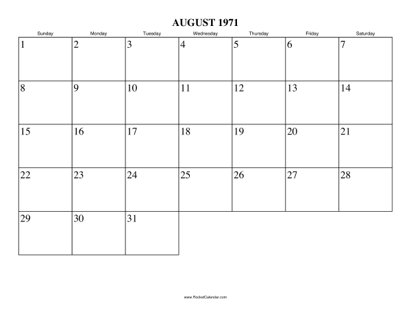 August 1971 Calendar August 1971 Calendar