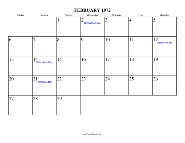 February 1972 Calendar