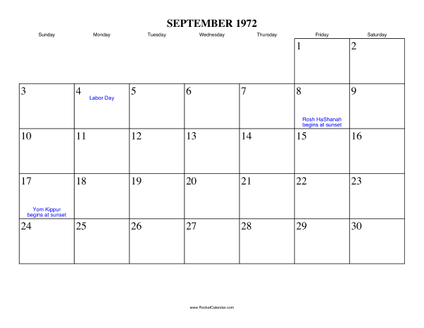 September 1972 Calendar