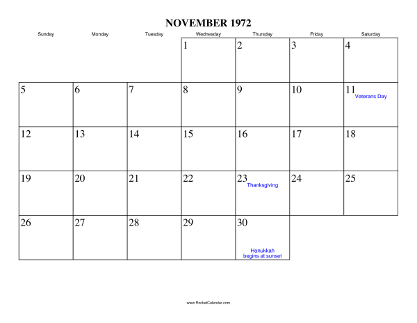 November 1972 Calendar