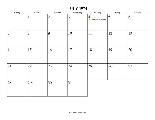 July 1974 Calendar